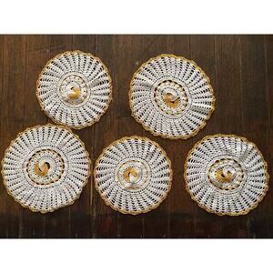 Vintage Hand Made Yellow Gold White Crochet Doilies Set Of 5